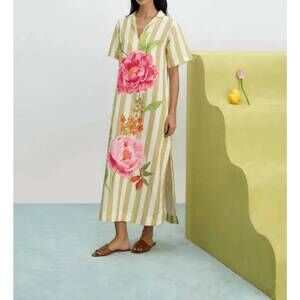 NEW VERANDAH peonies and stripe shirt dress in yellow